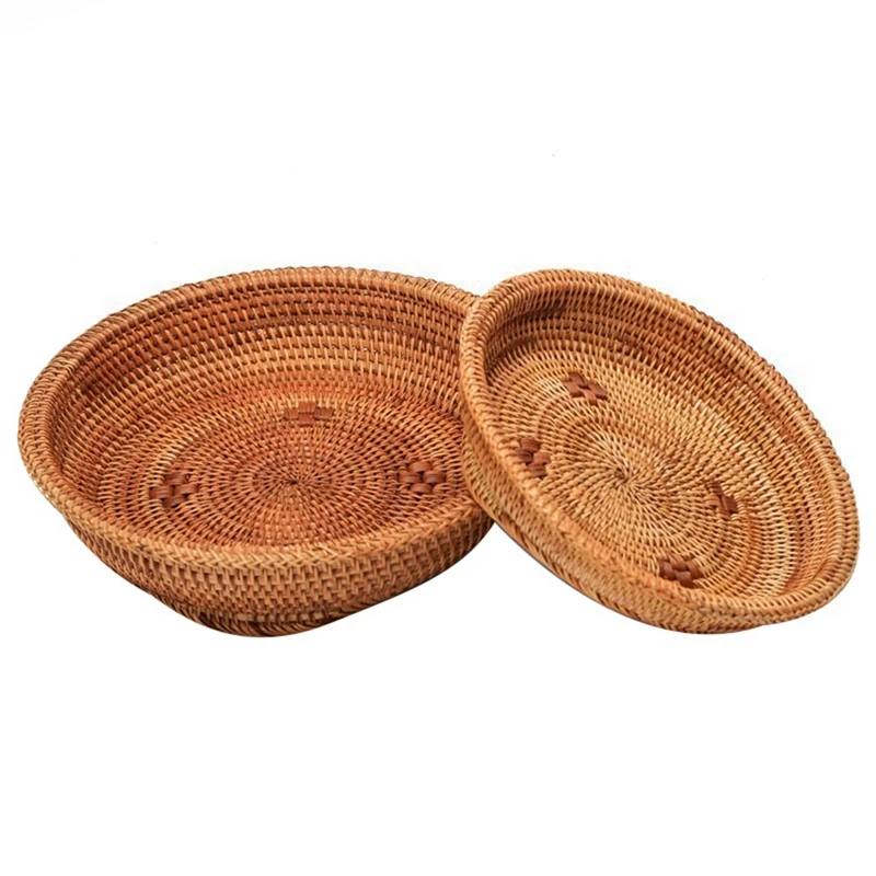 

Hand-Woven Rattan Basket Fruit Tea Snack Bread Basket Cosmetic Round Storage Box Household Kitchen Supplies