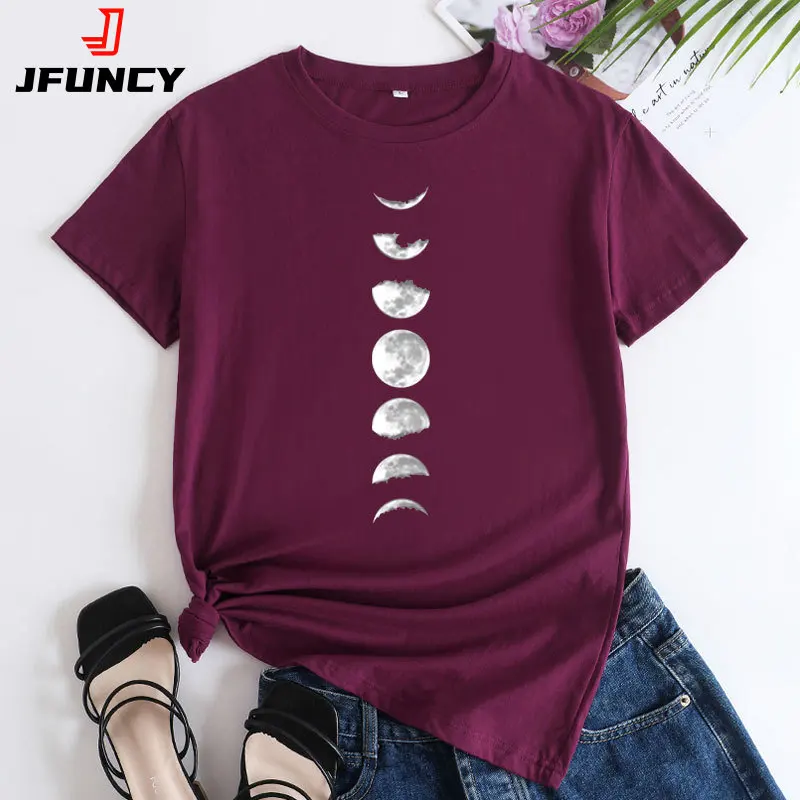 JFUNCY 2023 Women T Shirt Harajuku Moon Printed Graphic Tshirts Woman Short Sleeve Cotton Tops Summer Female Tee Shirts