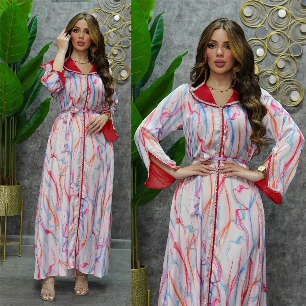 

Moroccan Abayas For Muslim Women Arabia Elegant Floral Print Long Dresses Diamonds V-Neck Kaftan Dubai Luxury Ramadan Clothing