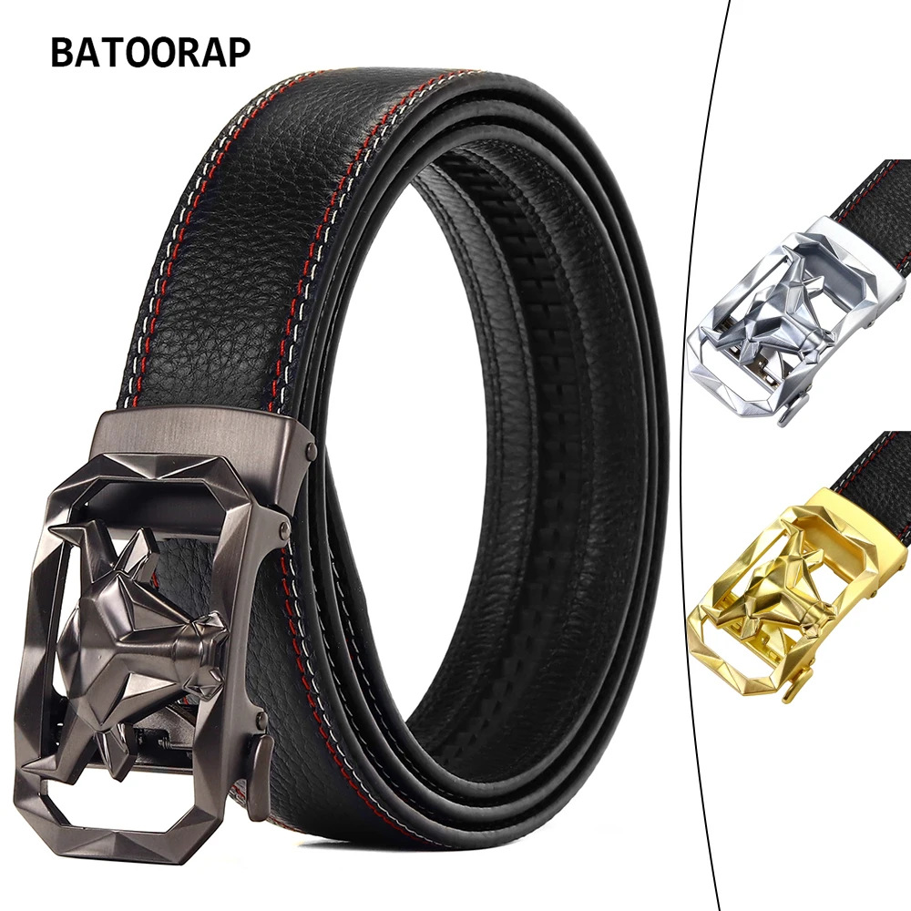 Batoorap Belt For Men Black Real Cow Leather Alloy Domineering Bull Head Automatic Buckle Quality Luxury Trouser Strap Belt Male