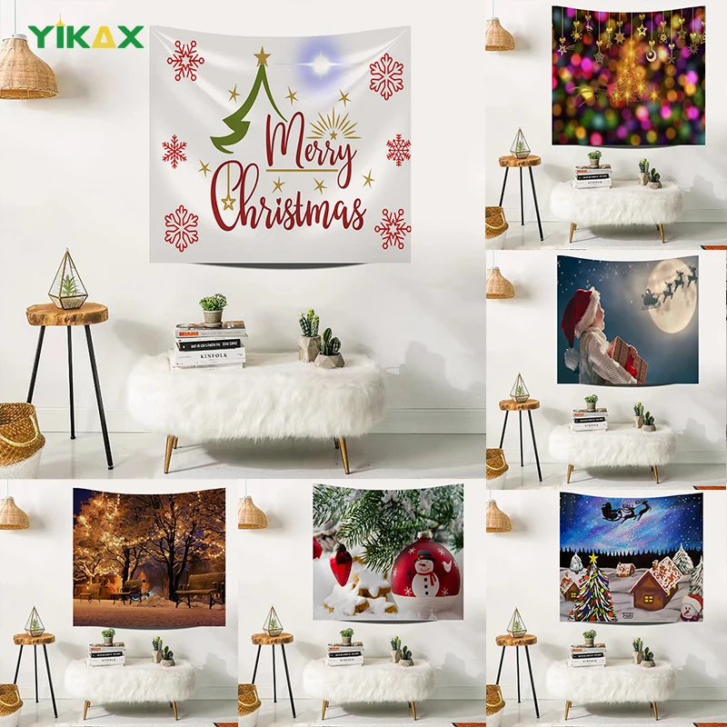 

Christmas Tapestry Wall Hanging Christmas Tree Snow Scene Home Holiday Decoration Tapestries with Lights Fireplace Child Gifts
