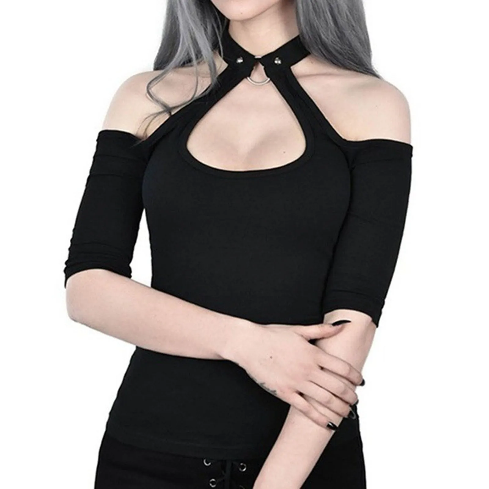 

ashion Halter Neck T-Shirt Tee Tops Casual Shirt Sexy Hollow Out Tops Summer Ladies Female Women Short Sleeve Blusas Pullovers