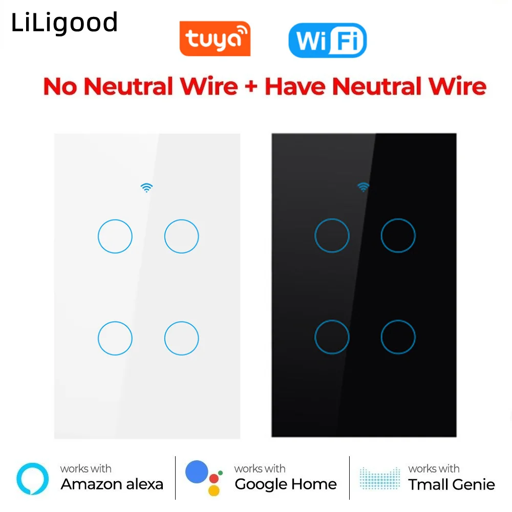 

LiLigood Tuya Smart Switch Without Neutral Wire Wifi Switch 1/2/3/4Gang RF433 Remote Wall Light Switch For Alexa And Google Home