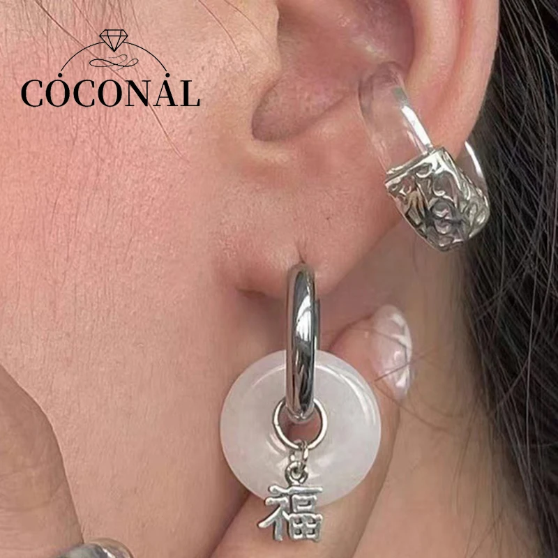 

Coconal Vintage Unique Green Jade Round Stainless Steel Hoop Earrings For Women Elegant Earclip Earrings Statement Jewelry Gift