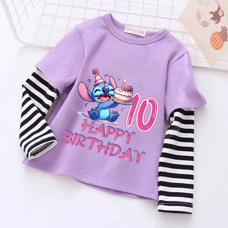 Lilo Stitch Splicing Stripe T Shirt Long Sleeve Girl Birthday Number Tees Cute Cartoon Kids Clothes Autumn Purple Children Tops