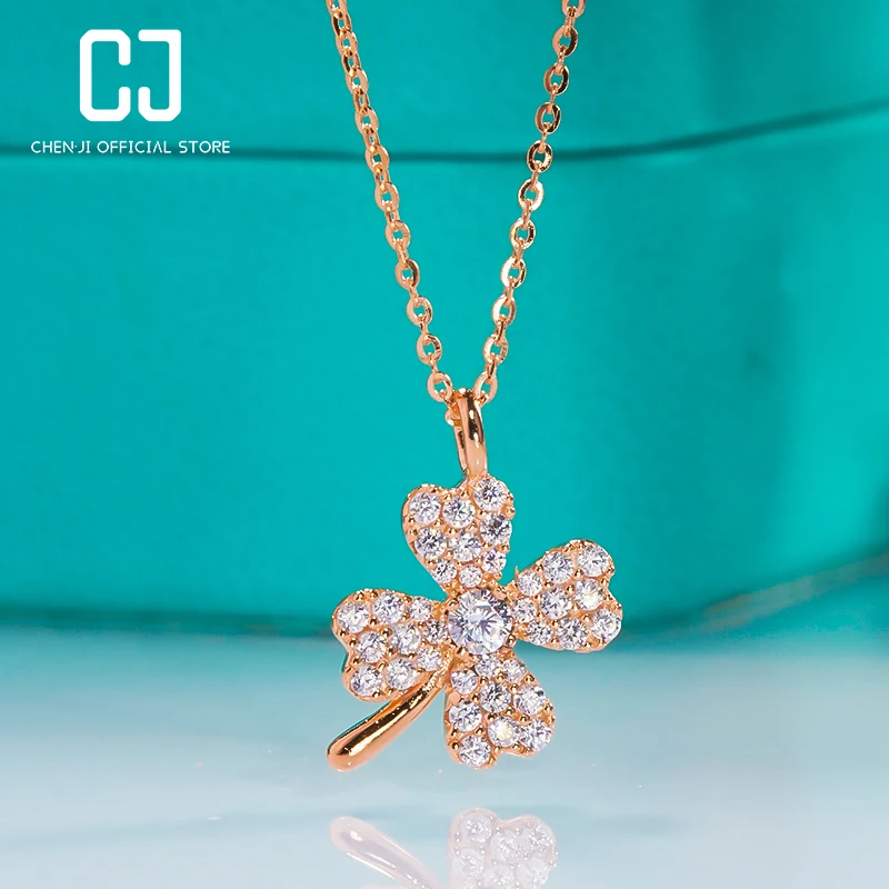 

CHENJI S925 Silver Sweet Delicate Clover Full Of Diamonds Necklace Female Light Luxury Temperament French Romantic Collarbone