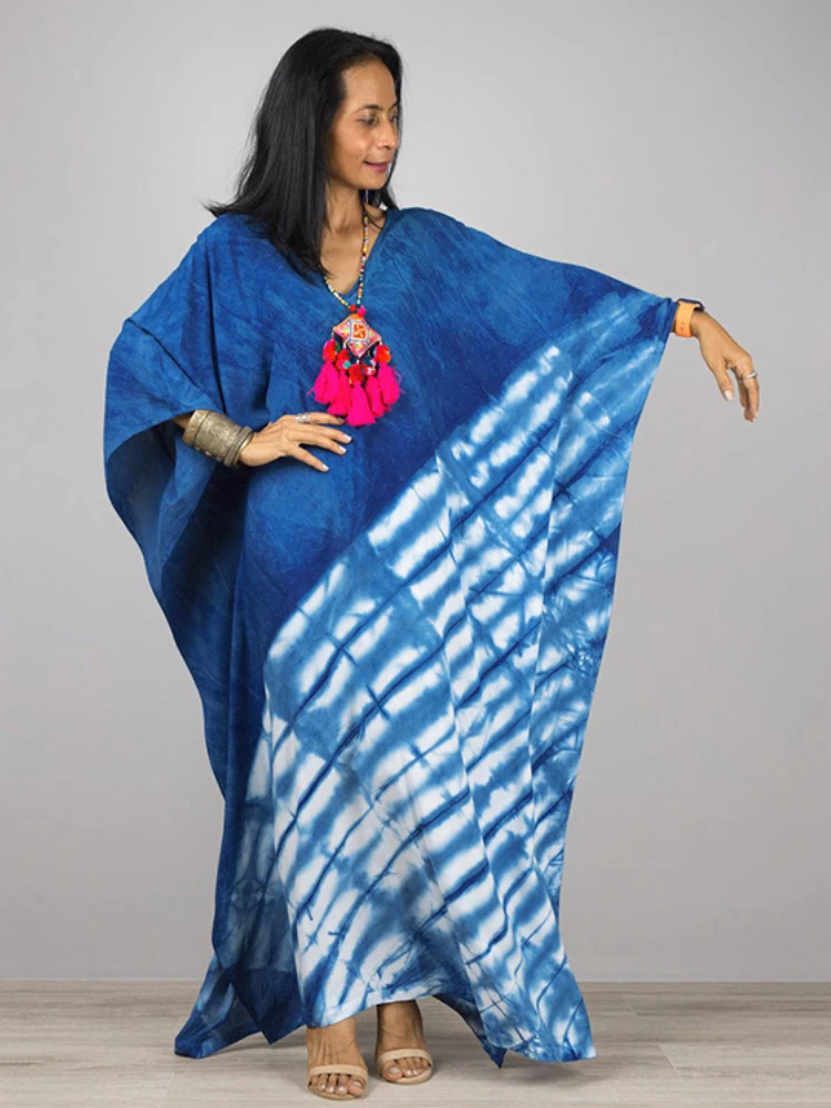 

Kaftans for Women Tie Dye Blue Maxi Beach Dresses Tunic V Neck Batwing Sleeve Bikini Cover Up Summer Bathing Suits Swimwear