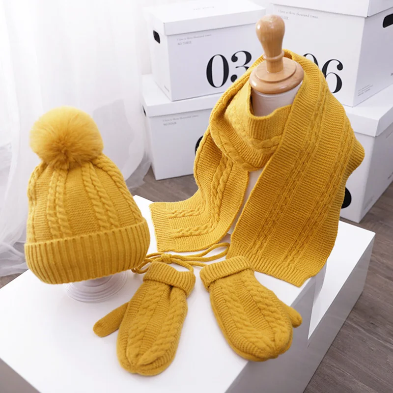 

3PCS Winter Baby Hat Scarf Gloves Set Plush Lining Kids Beanie Neck Warmer Snow Outdoor Children Caps for Girls Boys 1-5Y