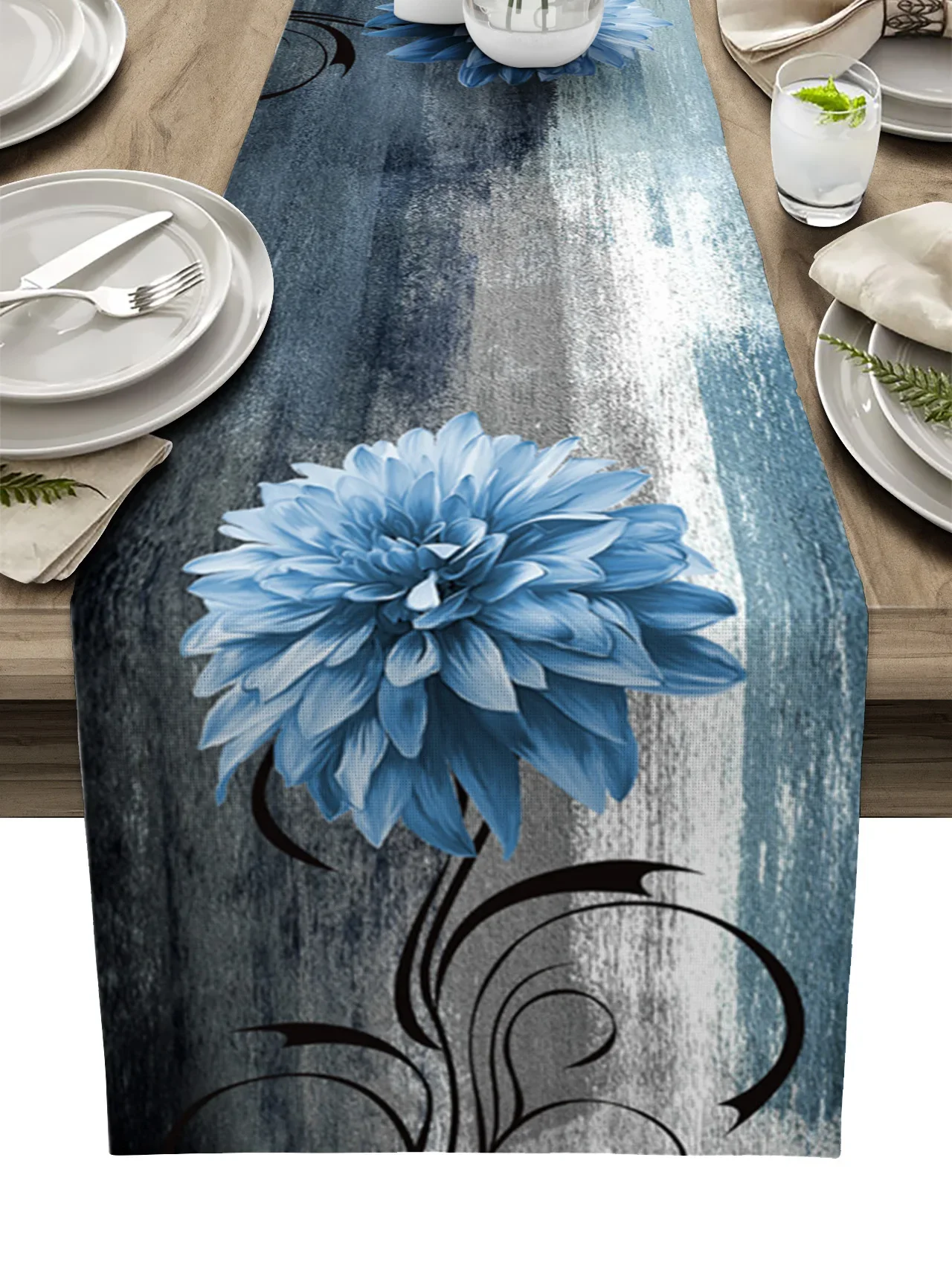 Dahlia Oil Painting Abstract Texture Plant Flower Blue Linen Table Runner Kitchen Decoration Tablecloth Wedding Party Decor
