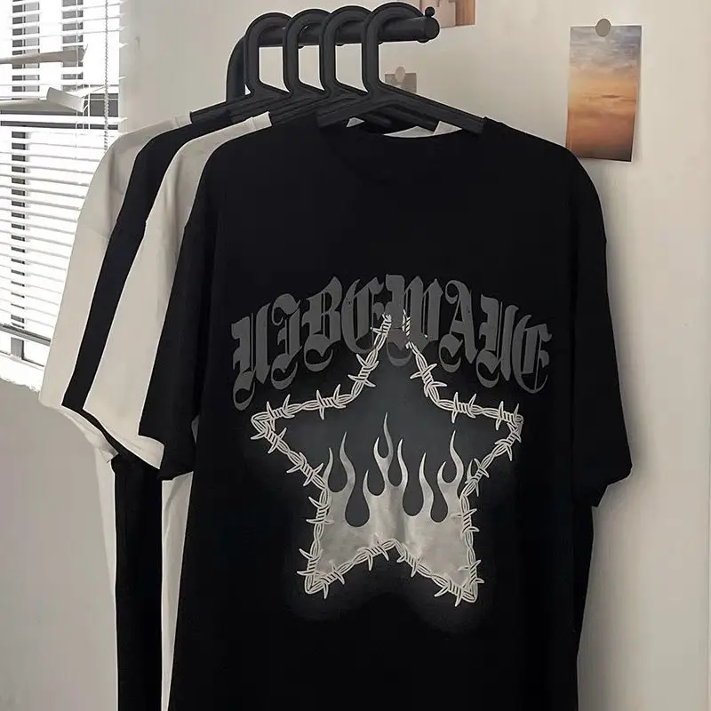 

Американская модель, модная футболка с принтом и коротким рукавом для мужчин и женщин на лето, новый свободный дизайн для пары