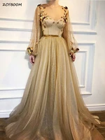 2022 elegant chanpagne shiny long evening prom dresses long puffy sleeves a line tulle appliques flowers o neck women party gown