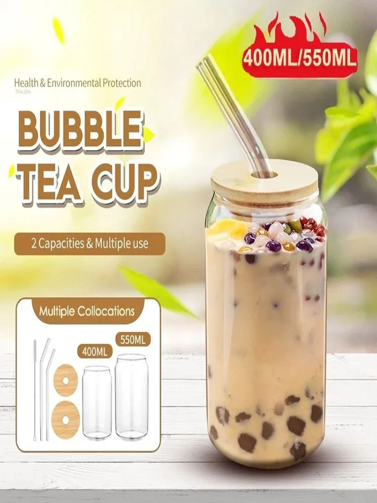 

Bubble Tea Glass Cup With Lid and Straw Transparent Juice Glass Beer Can Milk Mocha Cups Breakfast Mugs Drinkware 550ml/400ml
