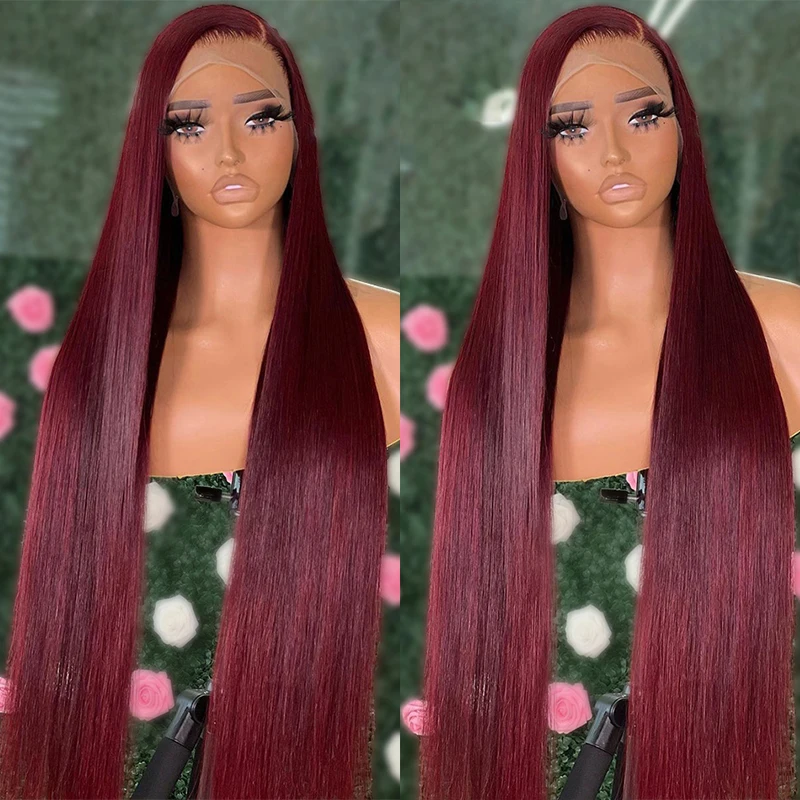 

Soft 180%Density 26Inch Burgundy Silky Straight 99j Glueless Lace Front Wig For Women Long Natural Hairline Preplucked Babyhair