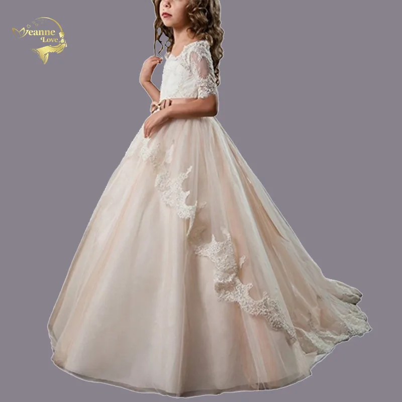 

Sheer Neck Champagne Floral Lace Flower Girls Dresses Half Sleeves Ball Gowns Girls First Communion Dress Long Princess Dresses