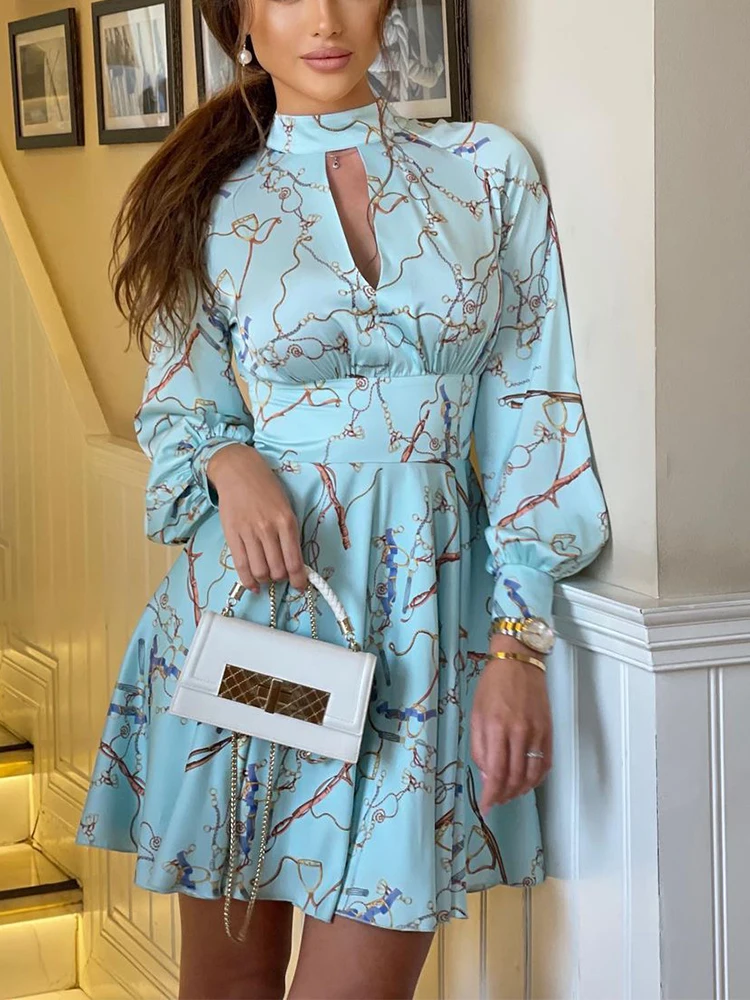 

Office Ladies Elegant High Waist Pleated Mini Dress Fashion Sexy Hollow O-Neck Blue Dresses Women Spring Long Sleeve Party Dress