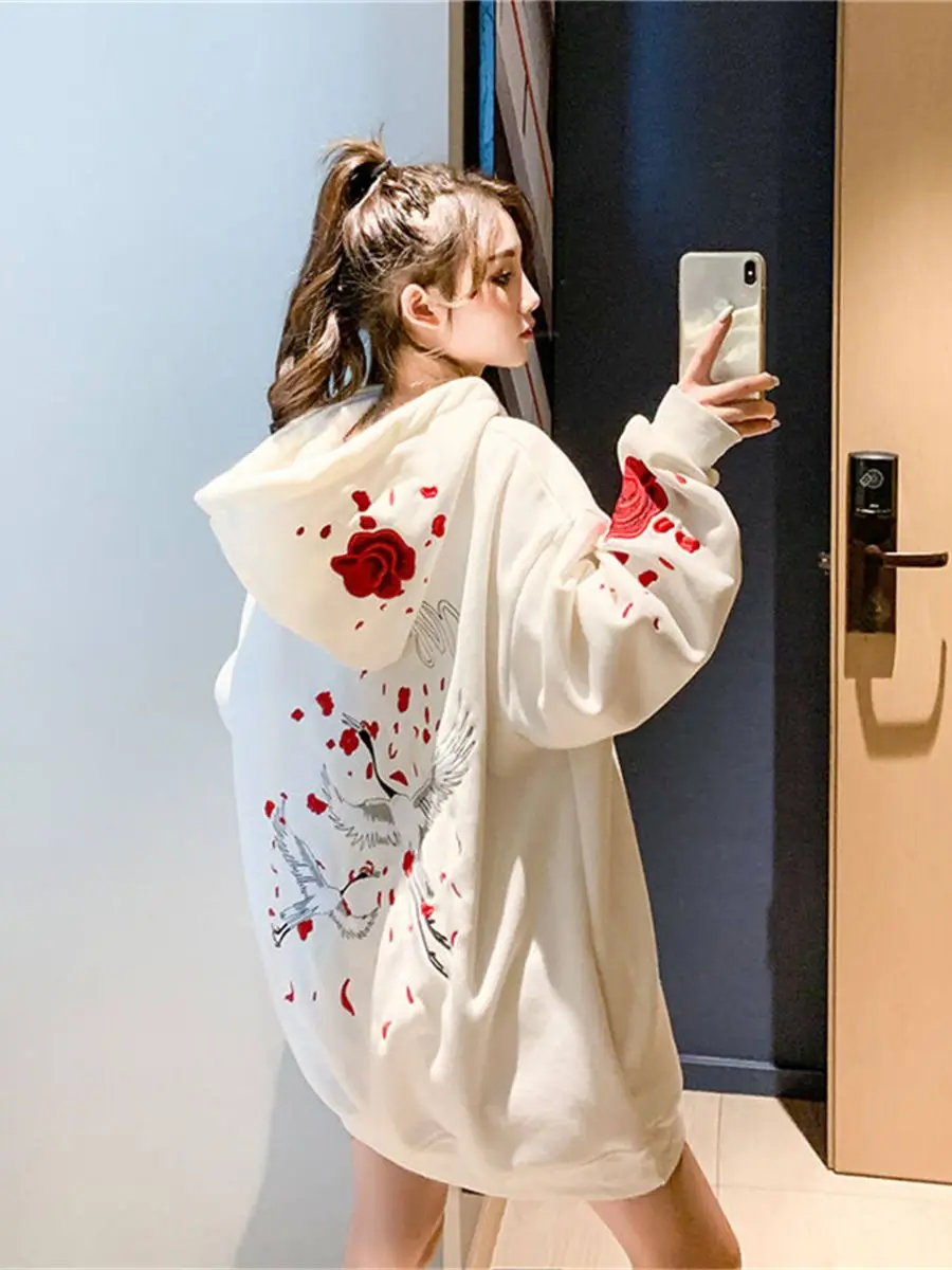 Белые женские свободные свитшоты толстовка с длинным рукавом и милым принтом