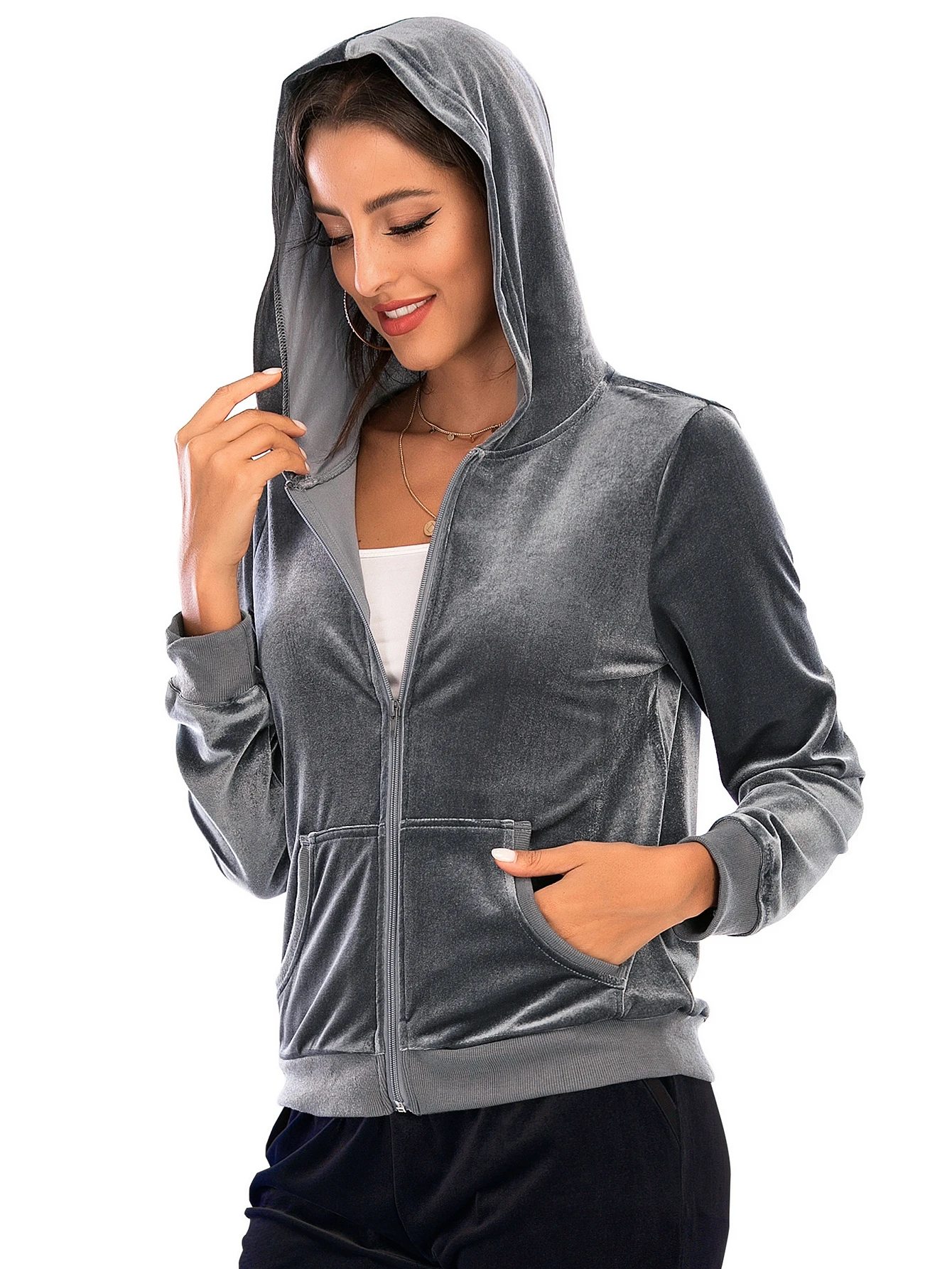 Aamikast женская толстовка однотонная с капюшоном на молнии оверсайз повседневный