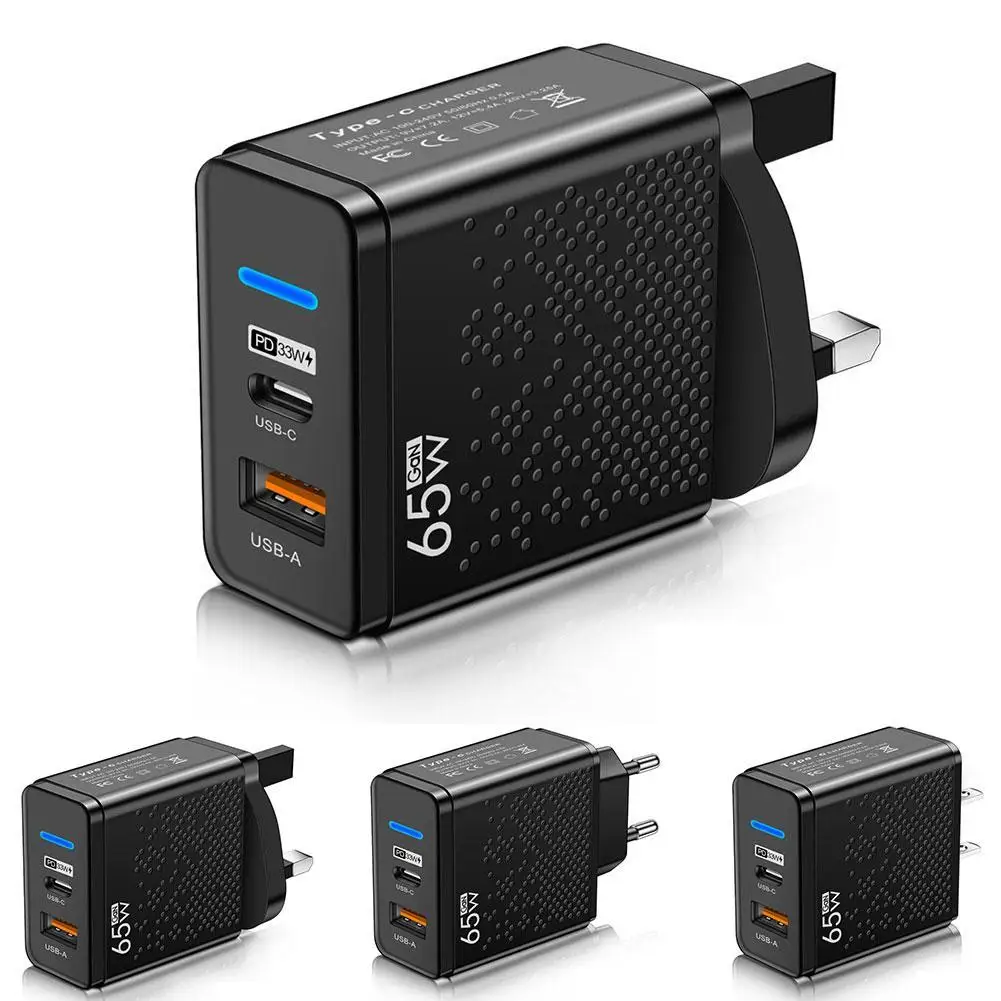 

65 Вт GaN USB C быстрая зарядка, Тип C, вилка стандарта Великобритании/ЕС/США для 14 универсальной быстрой зарядки, светодиодная вилка с двумя портами для путешествий