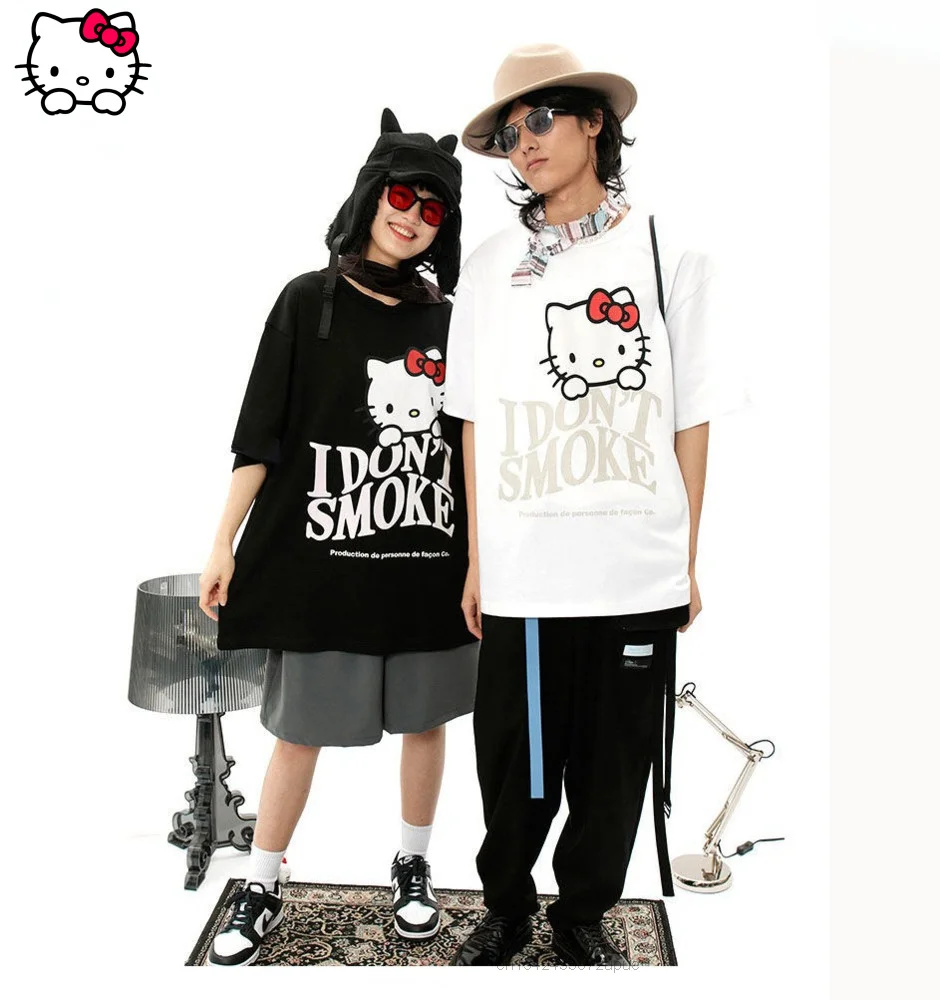 

Oversized T-shirt Short Sleeve Printed Cartoon Hello Kitty Loose Top Harajuku Aesthetic Vintage Korean Clothes For Woman And Man