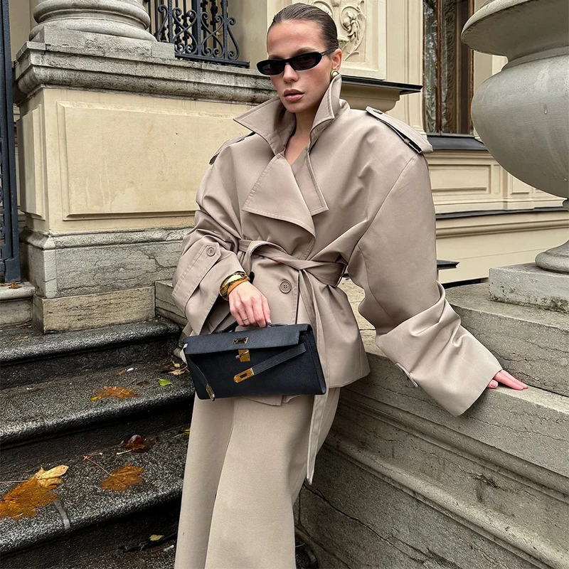 Оверсайз тренчкот Off-White для женщин: длинный, с высоким воротником-стойкой, со спущенным плечом, легкая ветровка для весны и осени (art.: 3920dc73a34df) - 3920dc73a34df