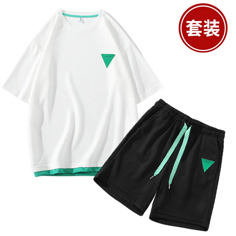Waffle Casual Suit Men's Summer Short Sleeve T-shirt Men's Suit with Handsome Fashion Brand Sports Tops