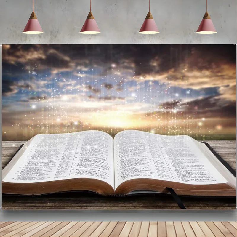 

Jesus Christ Backdrop Light of Wisdom Emit from The Opened Holy Bible Book Bokeh Glitter Glow Photography Background Decoration