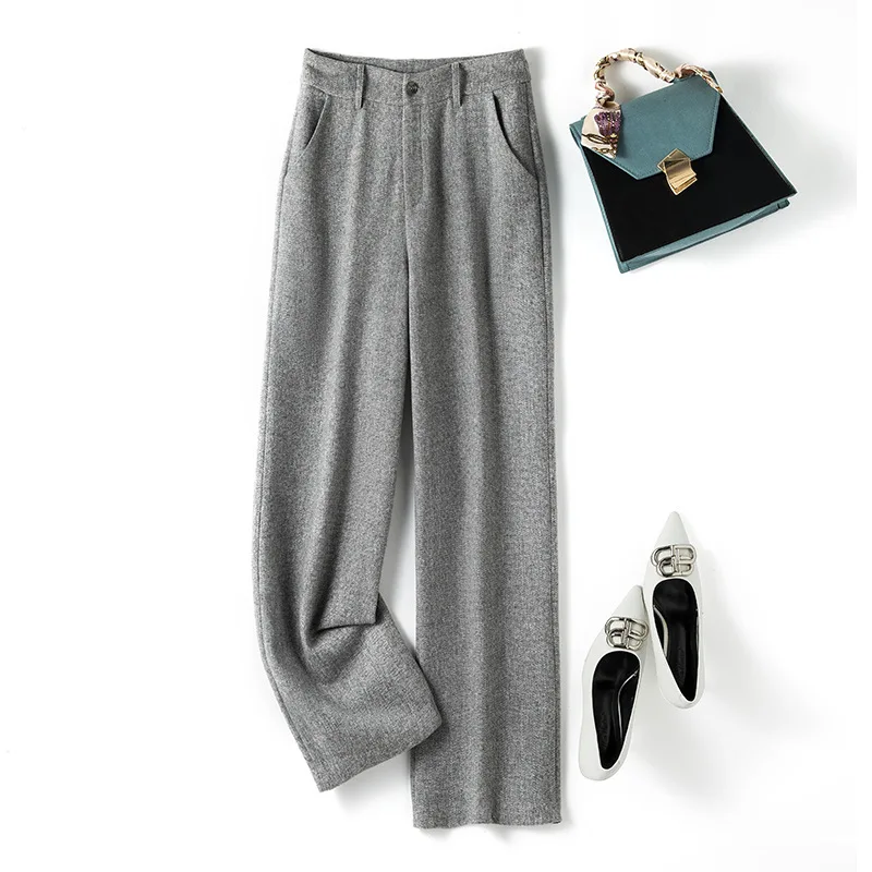 

Осень/Зима офисные хаки с высокой талией повседневные удобные мягкие прямые шерстяные свободные широкие брюки с двойной подкладкой