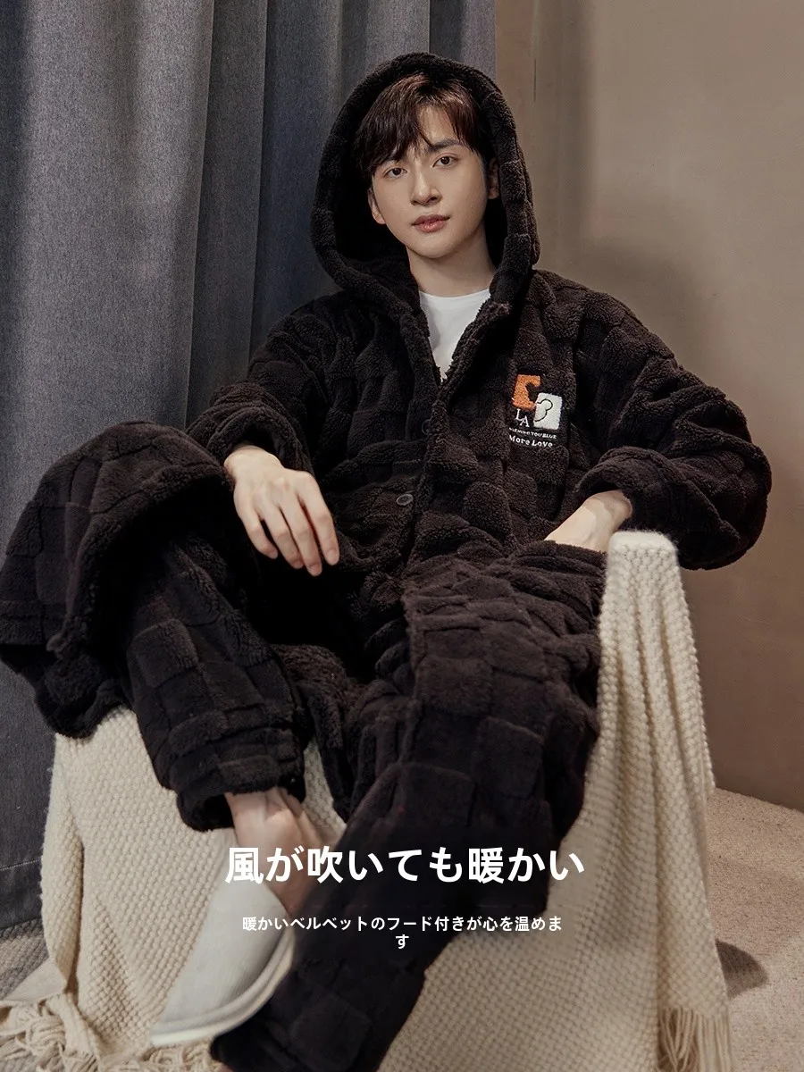 Men's Pajamas Autumn and Winter Thickened Coral Fleece Nightgown 2024 Long Hood Bathrobe Homewear Set
