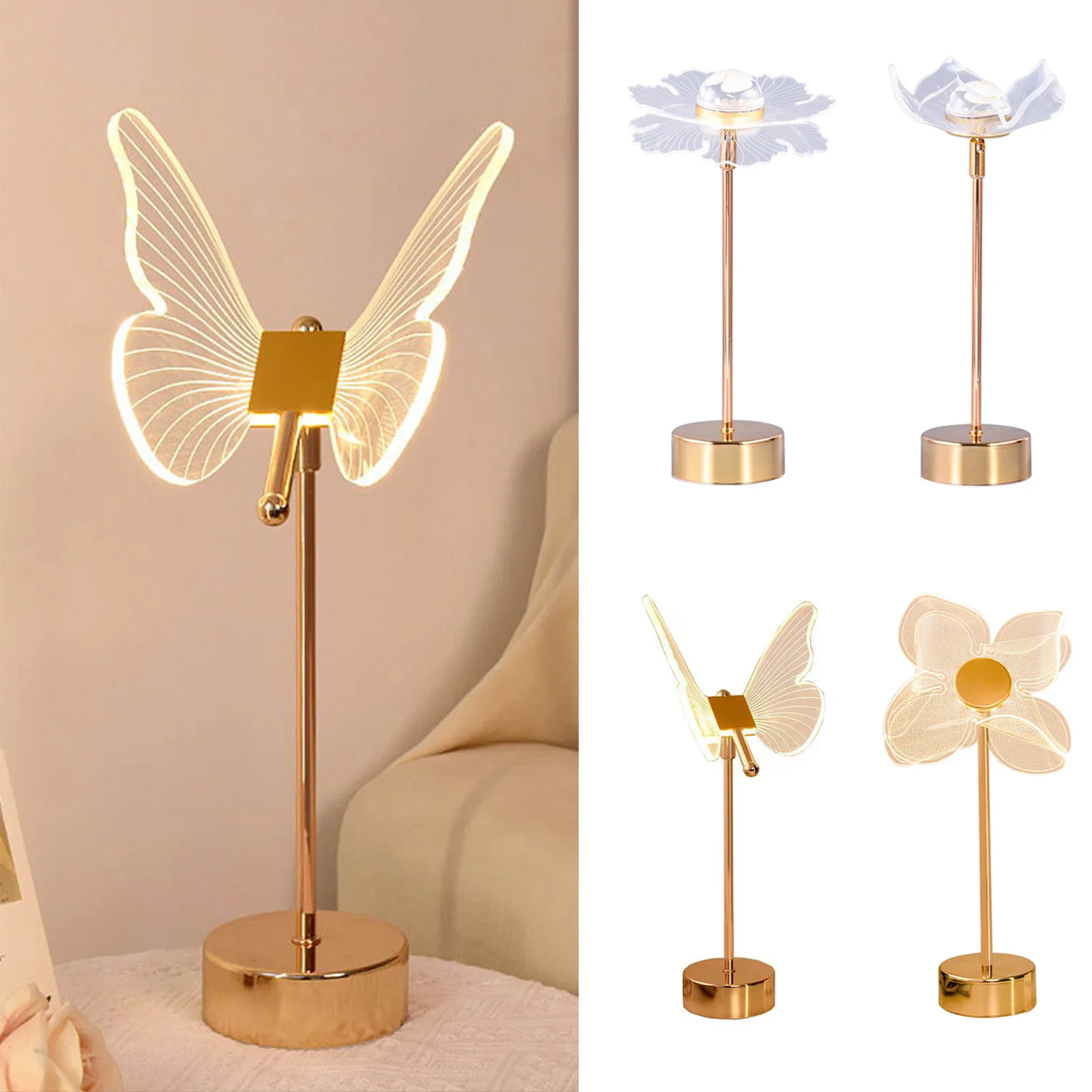 

LED Shell Table Light 3 Light Colors Acrylic Butterfly Desk Lamps Ornaments 180-degree Adjustable Lampshade Home Room Decoration