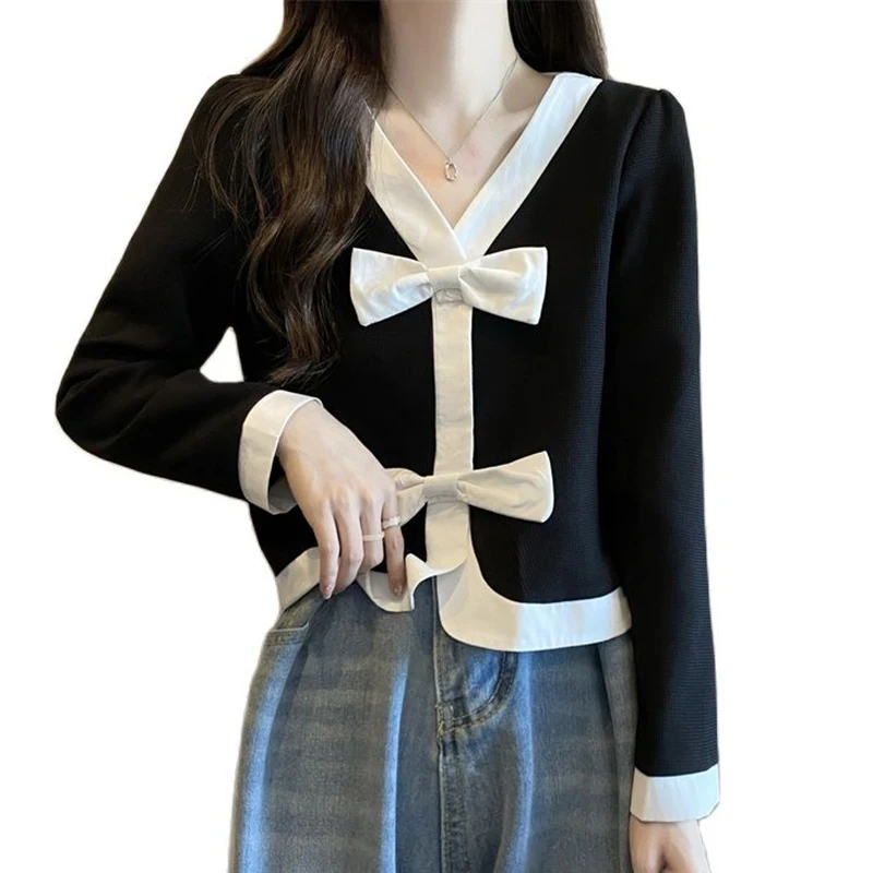 

Женский винтажный кардиган с V-образным вырезом, черный/белый короткий кардиган с бантом, весна-осень-зима 2022