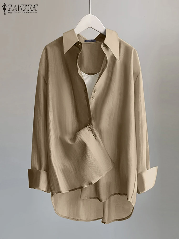 

Женские уличные модные рубашки ZANZEA 2023, однотонные Топы с длинным рукавом, Повседневная Свободная блузка на пуговицах с воротником с лацканами, повседневные блузы, уличная одежда