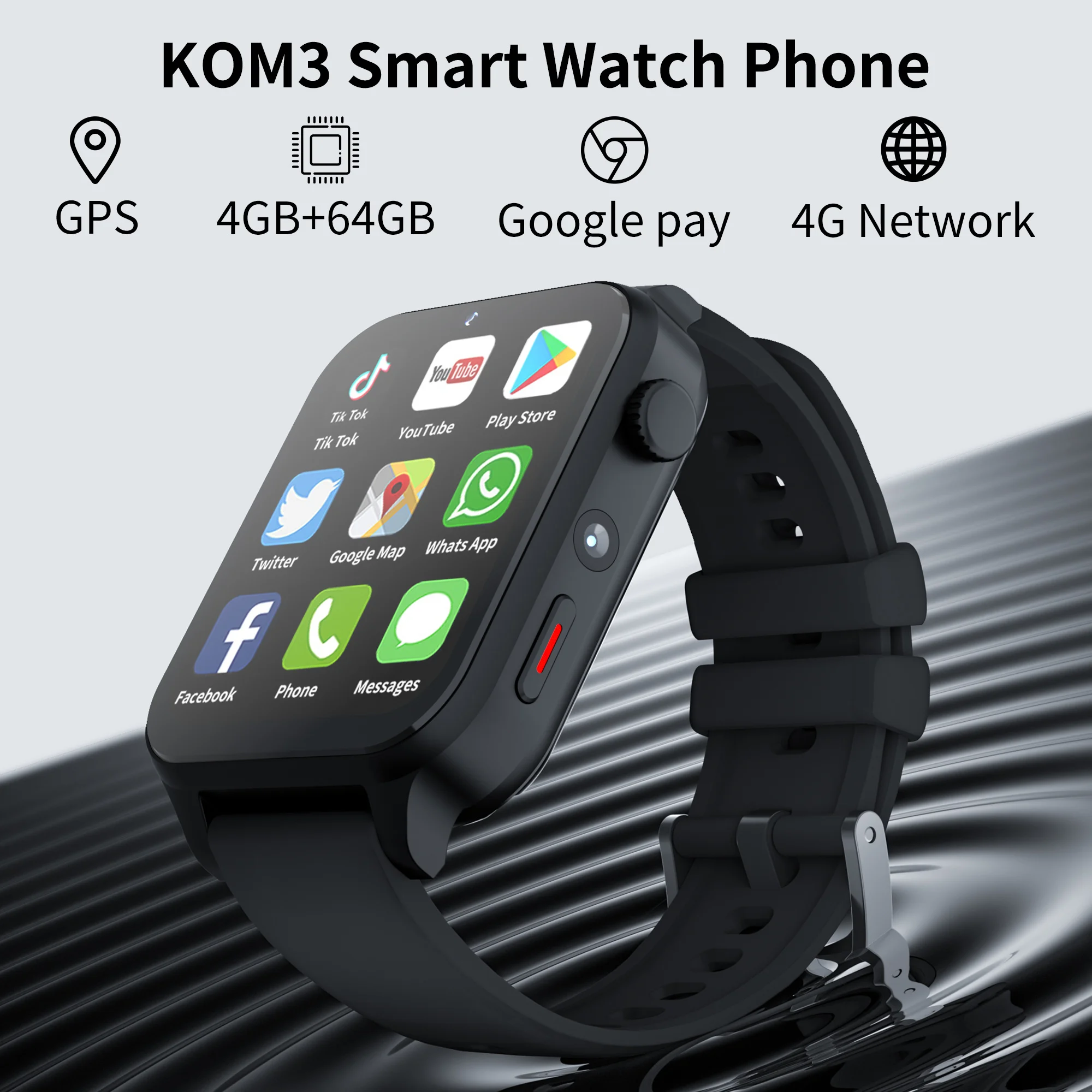 KOM3 4G Internet Smart Watch Phone 4GB 64GB Android 9.0 GPS 1.99