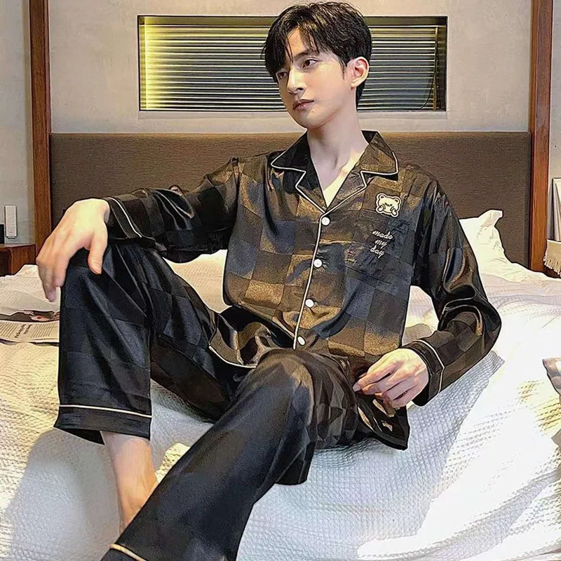 Men Pyjama Set Autumn Long Sleeves Home Clothes for Man Anime Bear  Luff Thin Pajamas Satin Silk Home Wear Stripe Sleepwear