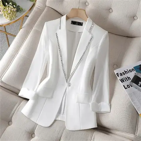 Женский блейзер с блестками, летний солнцезащитный пиджак белого цвета, новый костюм, пиджак, женский модный тонкий черный кардиган, 2022 4XL