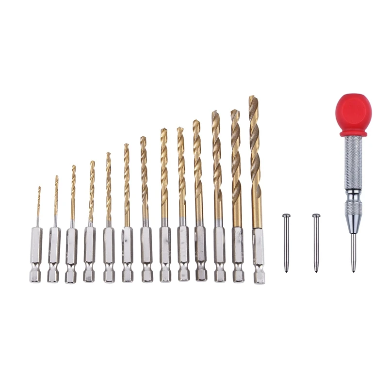 

13Pc HSS Titanium Coated Drill Bit Set With 1/4Inch Hex Shank With 5 Inch Automatic Center Hole Punch Marker Scriber