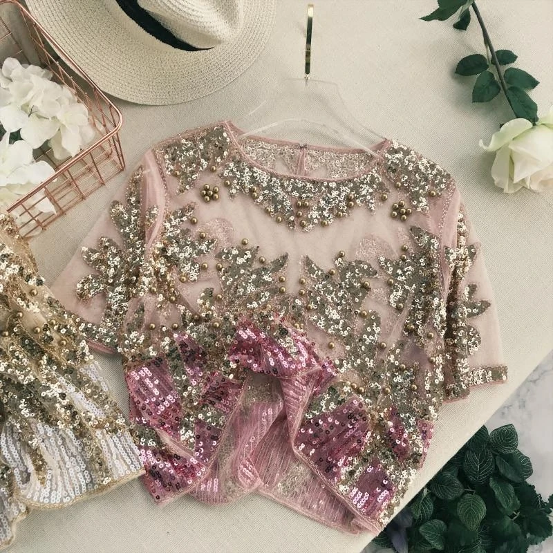 

Summer women bling bling short T-shirts lady sexy hollow out mesh tops female bead work sequined t-shirts shiny tops