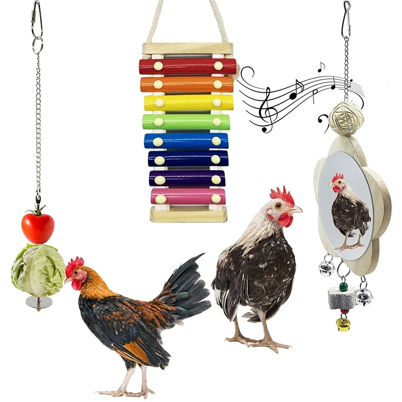 

3Pcs Chicken Xylophone Toy,Chicken Veggies Skewer Fruit Holder ,Chicken Mirror Toys Chicken Coop Accessories