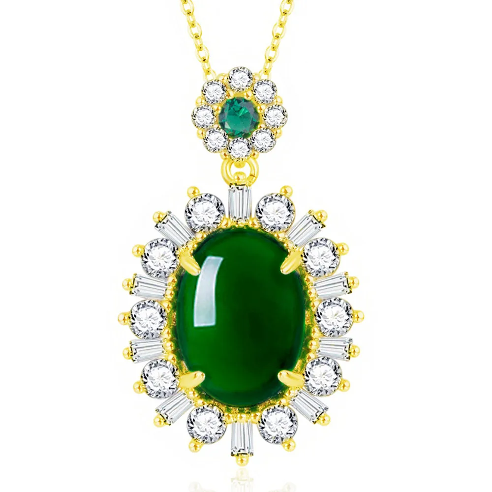 

Big Green Jade Emerald Gemstones Diamonds Flowers Luxury Pendant Necklaces for Women White Gold Filled Jewelry Birthday Gifts