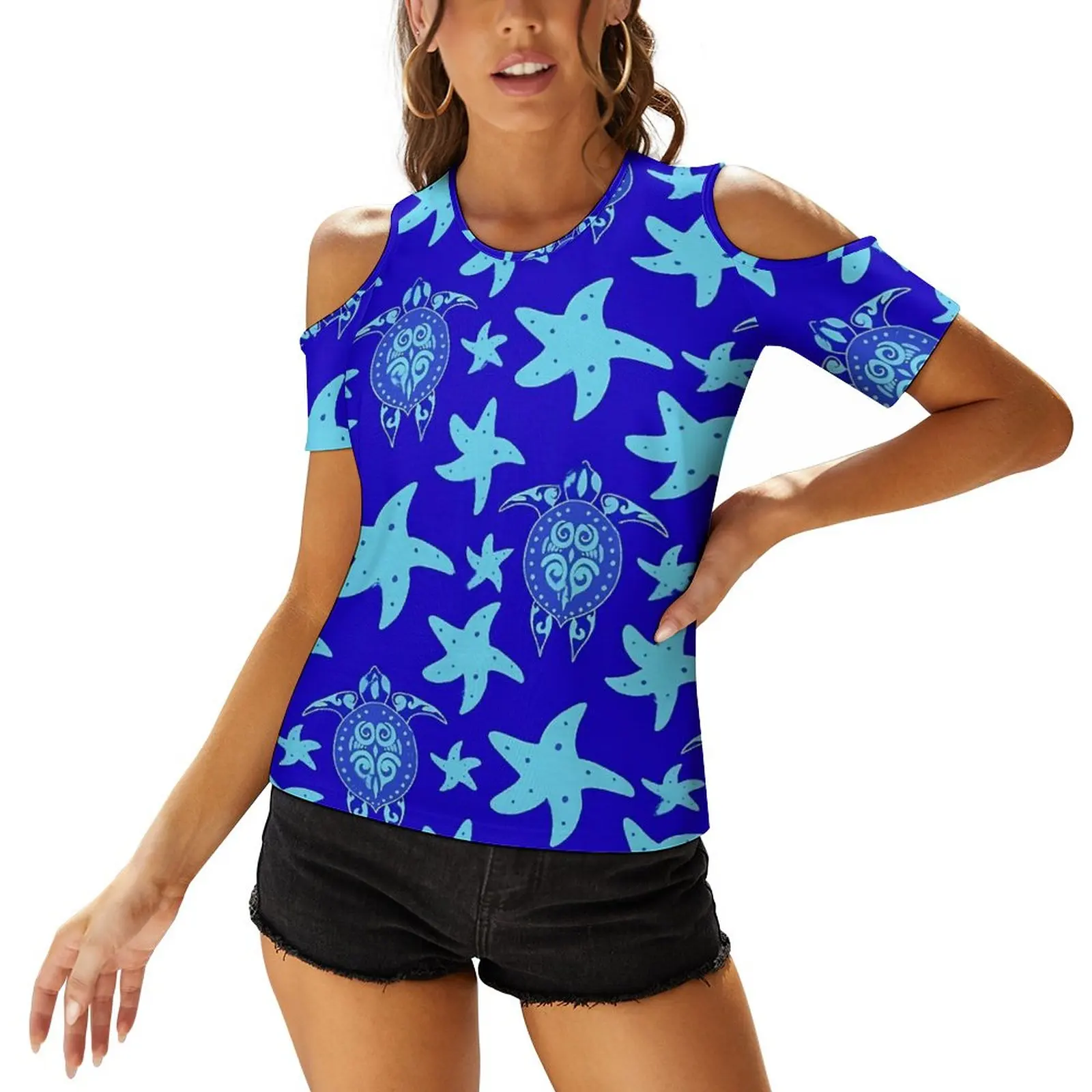 

Ocean Turtles T Shirts Starfish Print Casual T Shirt Short Sleeve Design Tee Shirt Hollow Out Sexy Woman Oversize Clothes