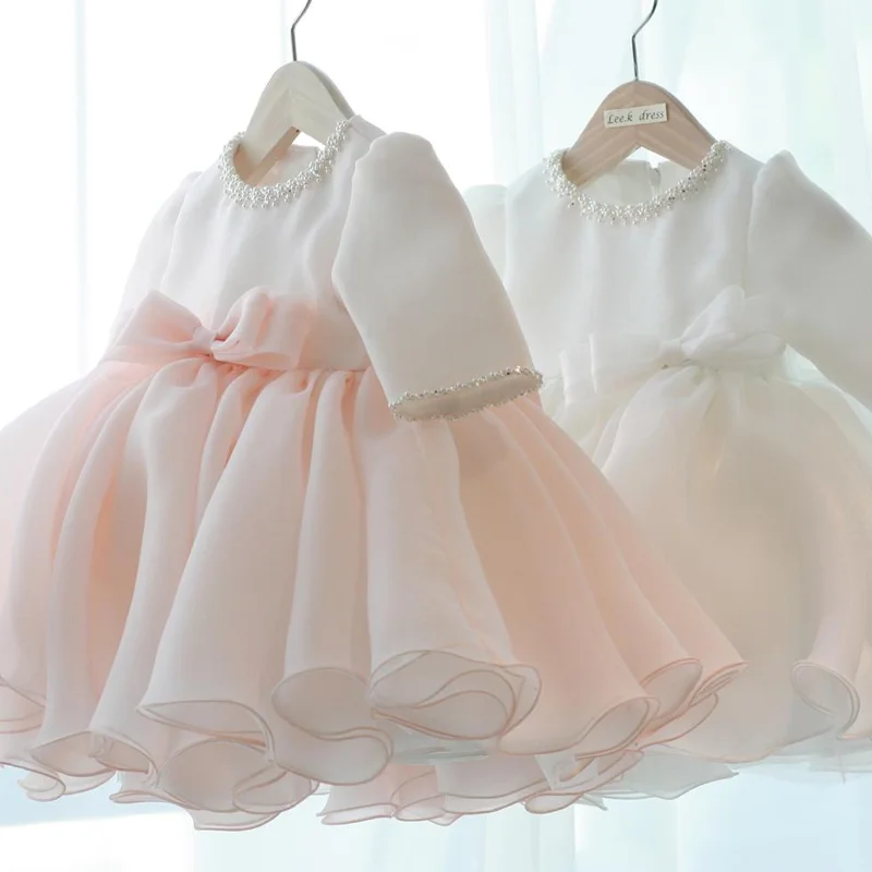 

Белое Тюлевое Цветочное платье с длинным рукавом для маленьких девочек, женское платье с бисером, свадебные платья для дня рождения, костюм для детского праздника
