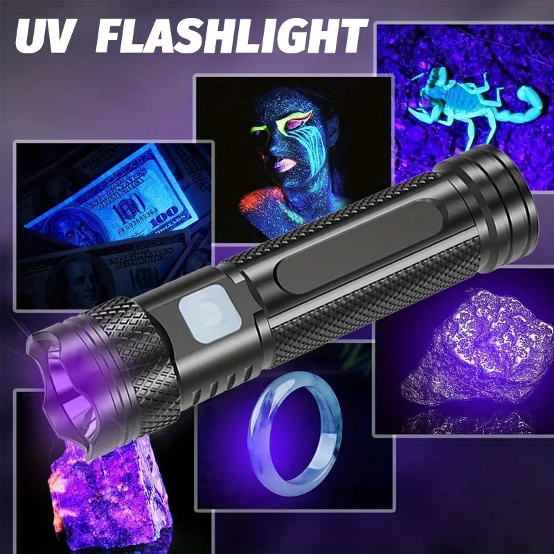 Фото УФ-фонарик USB перезаряжаемый 365 нм черный свет мини-фонарик портативный портативный мощный светодиодный ультрафиолетовый фонарь №2