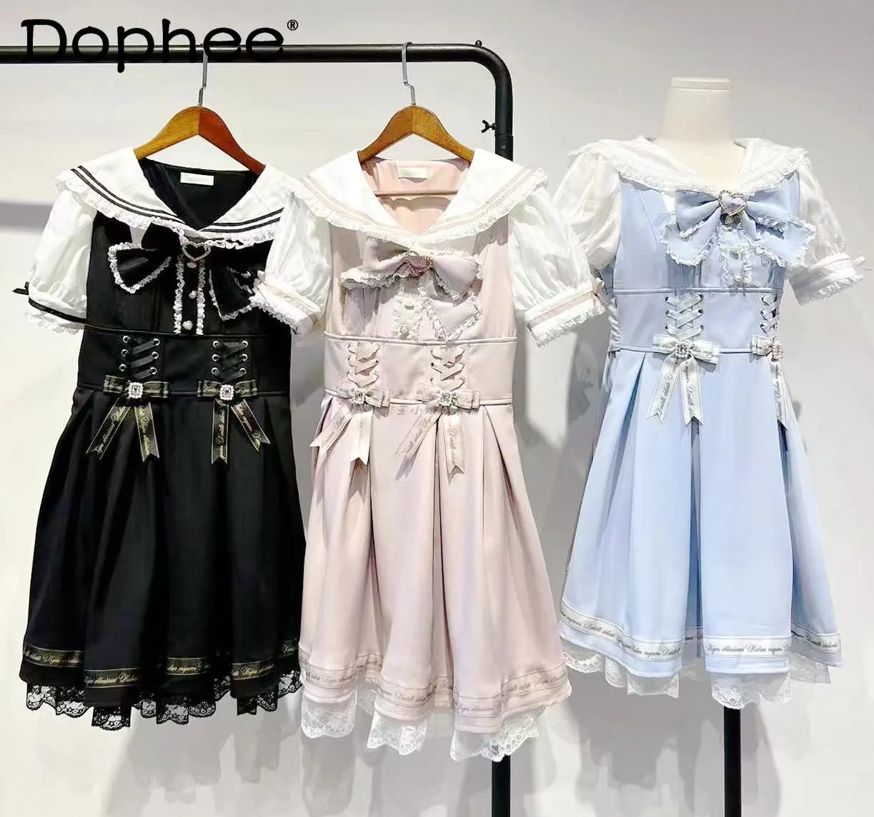 Japanese Mine Mass-Produced Dress Lolita Girly Sweet Cute Sailor Collar Lace Bow Short Sleeve Dress Women Summer Dresses Student