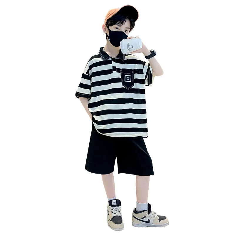 

Teen Boys Fashion Clothing Suits New Kids Summer Black White Striped T-Shirt+Shorts 2PC/Sets Casual Boys School Outfits 5-14Year