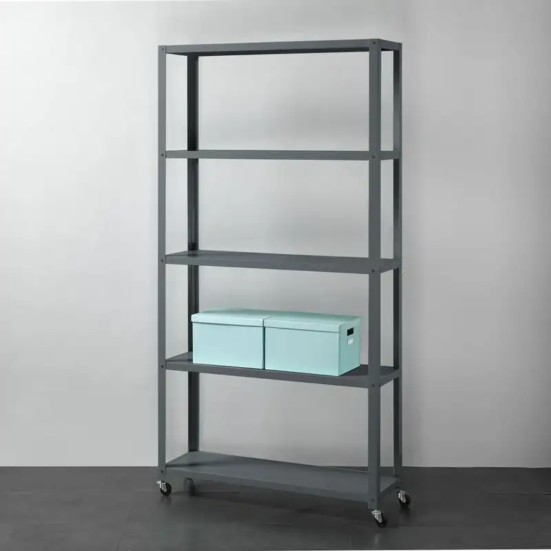 5 - Tier Rolling Metal Bookcase, Gray