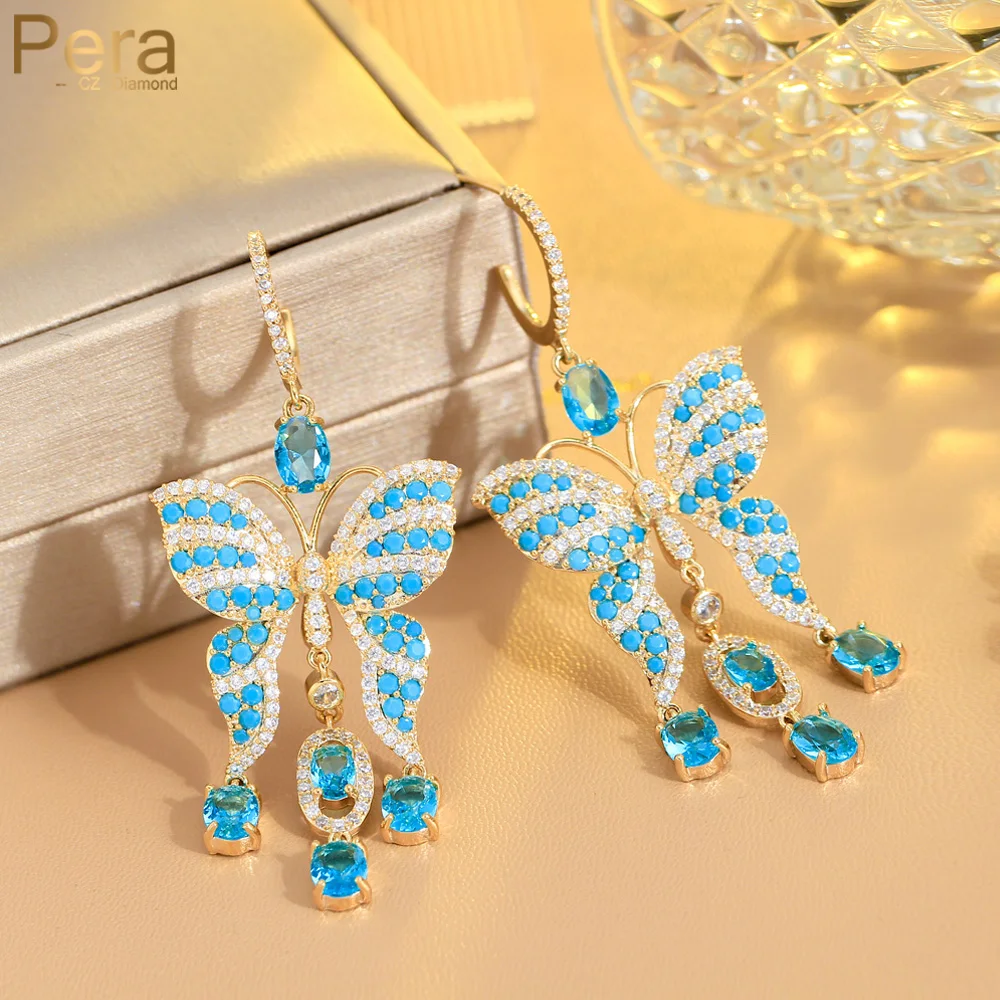 

Pera Elegant Dinner Dress Jewelry Long Tassel Big Light Blue CZ Butterfly Dangle Drop Earrings for Women Fashion Accessory E048