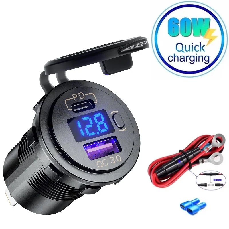 

60 Вт PD Тип C/QC 3,0 USB зарядное устройство с кнопочным выключателем светодиодный вольтметр розетка Быстрая зарядка для 12В 24В Автомобиль Грузови...