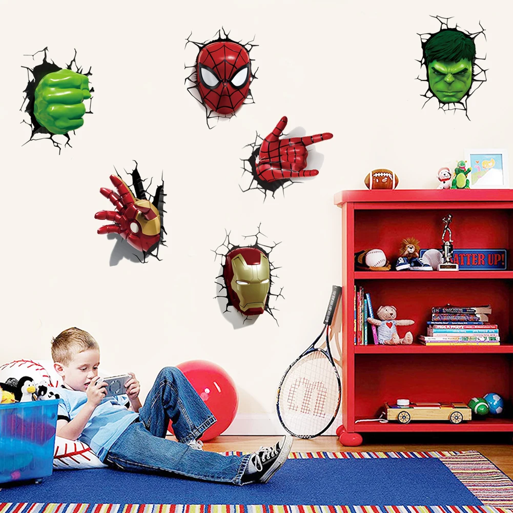 Máscara de mano de hierro de Hulk, pegatinas de pared de Spider-man, póster de pared rota, arte de pared, calcomanía de coche, decoración de habitación de niños, recuerdos para niños