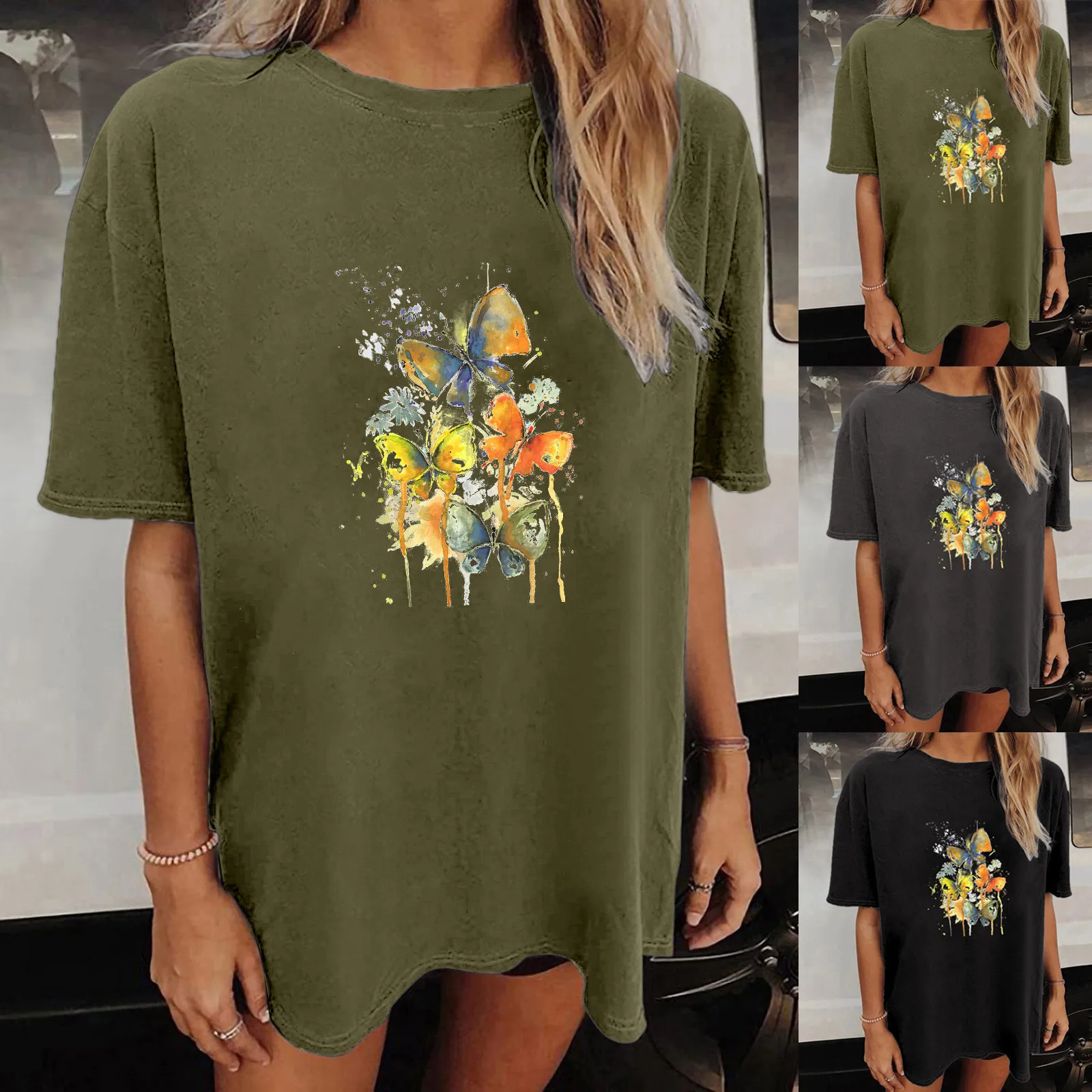 

Women Casual Solid Color Watercolor Style Butterfly Printing Loose Short Comfortable Pullover High Street Clothing daily