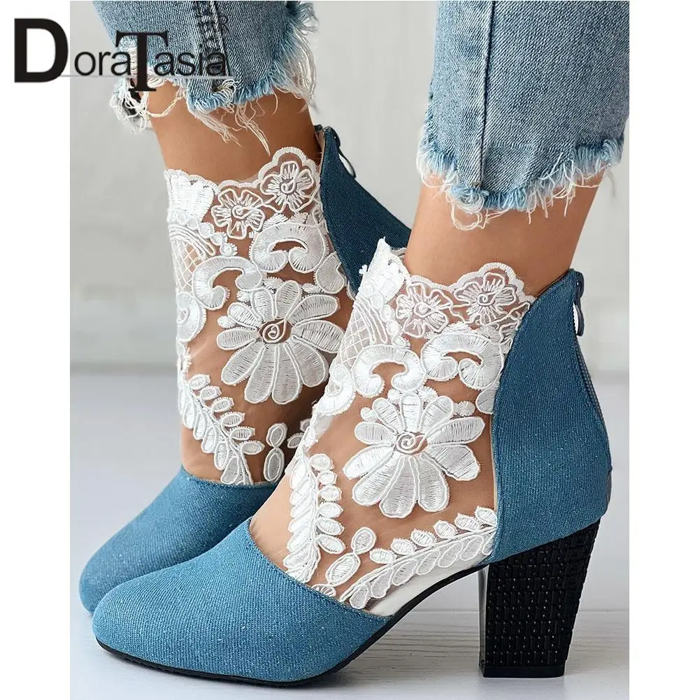 New Ladies Summer Autumn Ankle Boots Fashion Denim Lace Embroider Mesh Breathe Thick High Heels women's Boots Party Shoes Woman