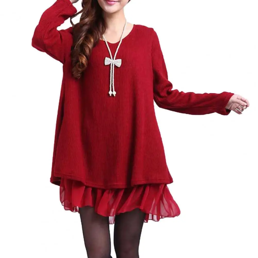 

Casual Women Plus Size Mini Dress Long Sleeve Fake Two Pieces Back Slit Bowknot